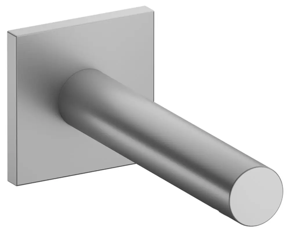Aluminium-Wanneneinlauf mit eckigem Wandmontage-Element von Keuco. Der Auslauf hat eine runde Form und ist in einem metallischen Finish gehalten.